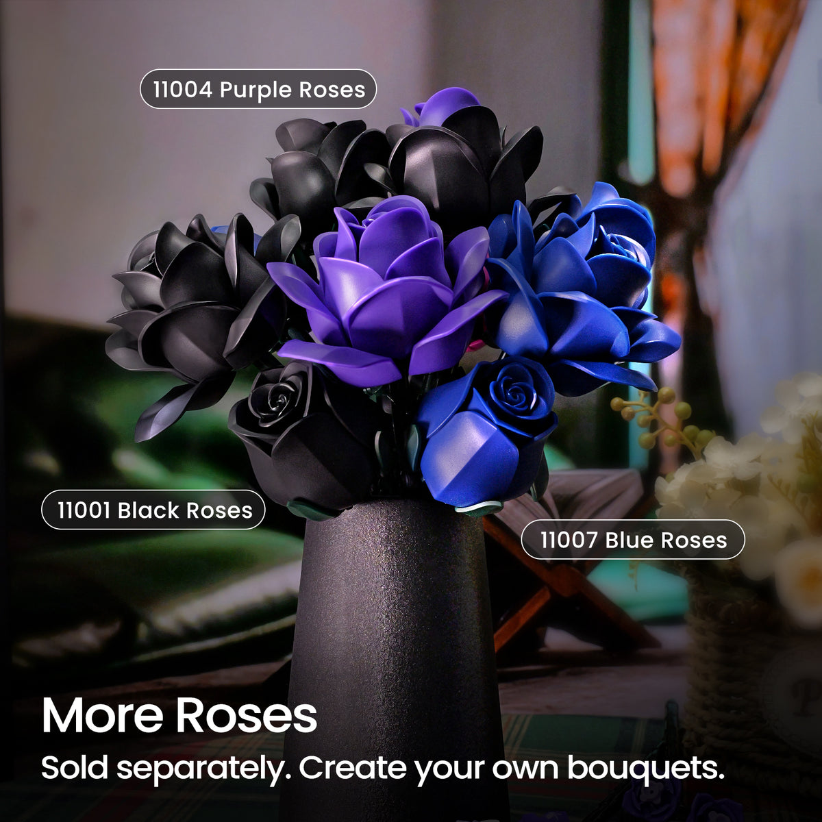 A mixed bouquet of blue, purple, and black roses arranged in a vase, showcasing different rose color options and customizable floral combinations for creating personalized bouquets.