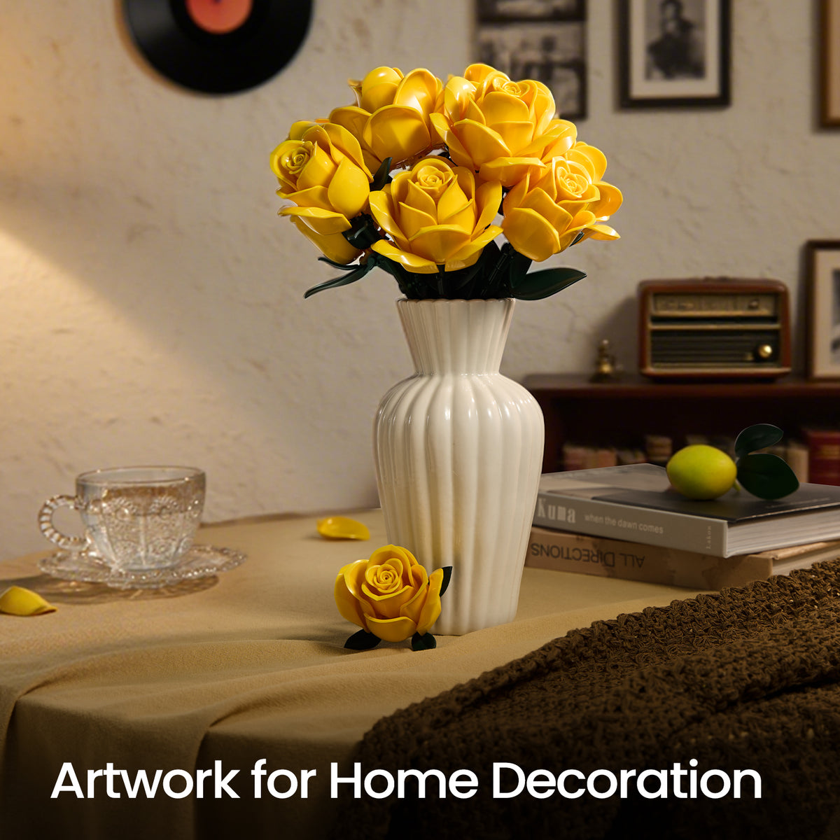Yellow rose bouquet displayed as artistic home decor in a white vase, creating a bright floral accent in a modern interior space.