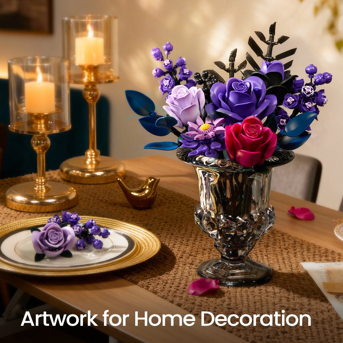 Purple roses bouquet displayed as artistic home decor in a glass vase, creating an elegant floral centerpiece for a dining table setting.