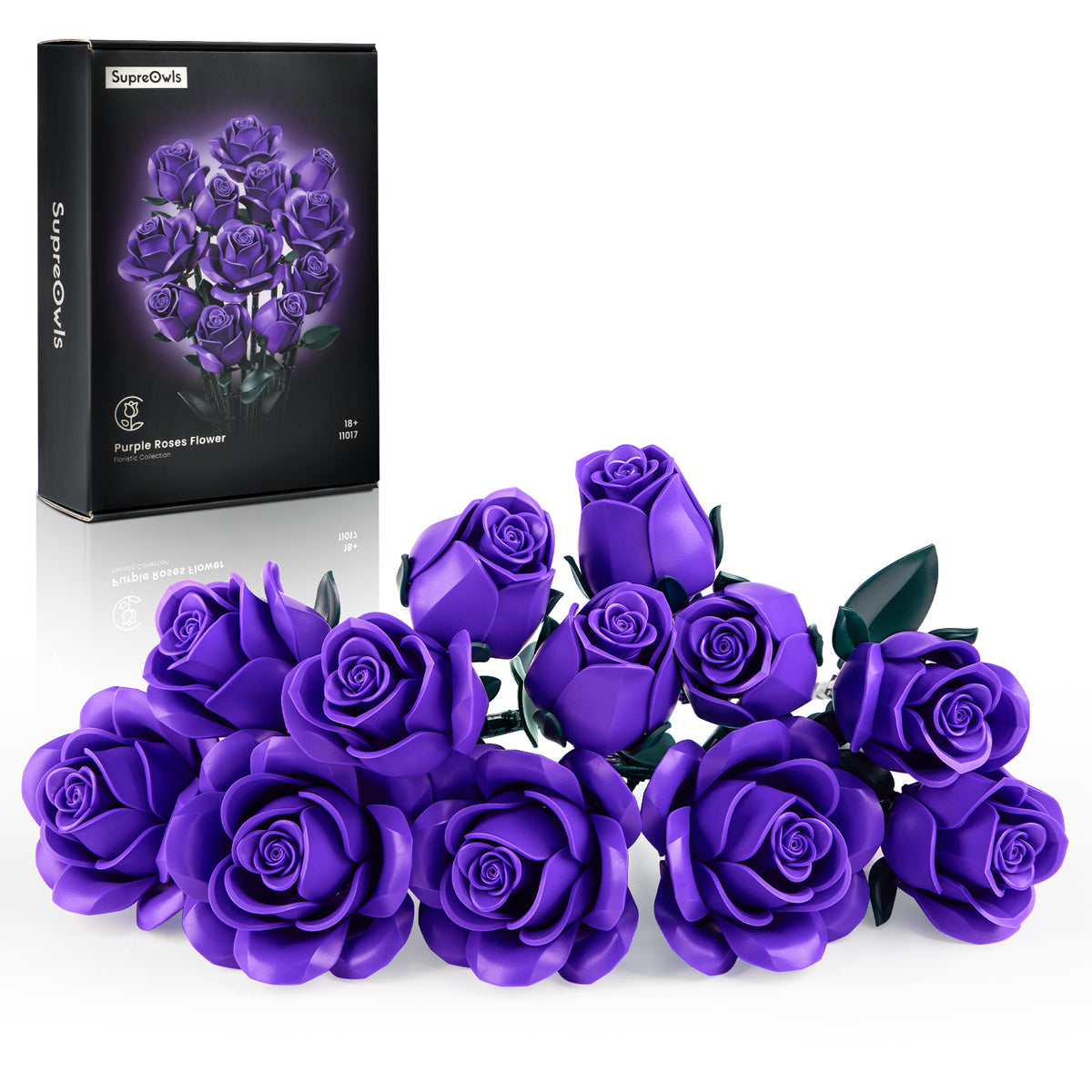 Purple roses bouquet building block set featuring realistic layered rose petals, decorative leaves, and a forever flower design for creative home decor.