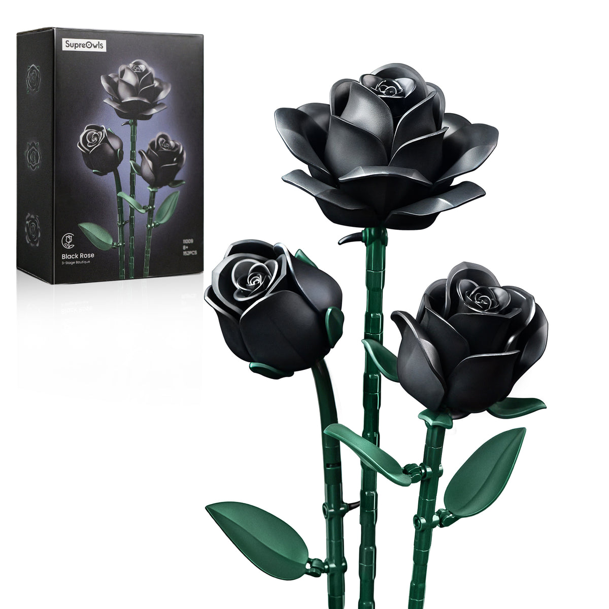 Three black roses building block set displayed with a completed rose arrangement and product packaging on a white background, featuring detailed black rose blooms, green stems, and leaves.