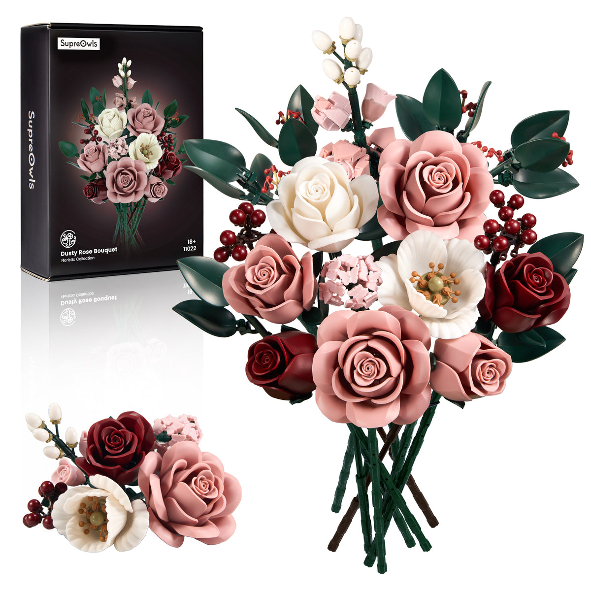 Pink rose bouquet building block set with product packaging and assembled floral arrangement displayed on a white background, showcasing the complete flower design.