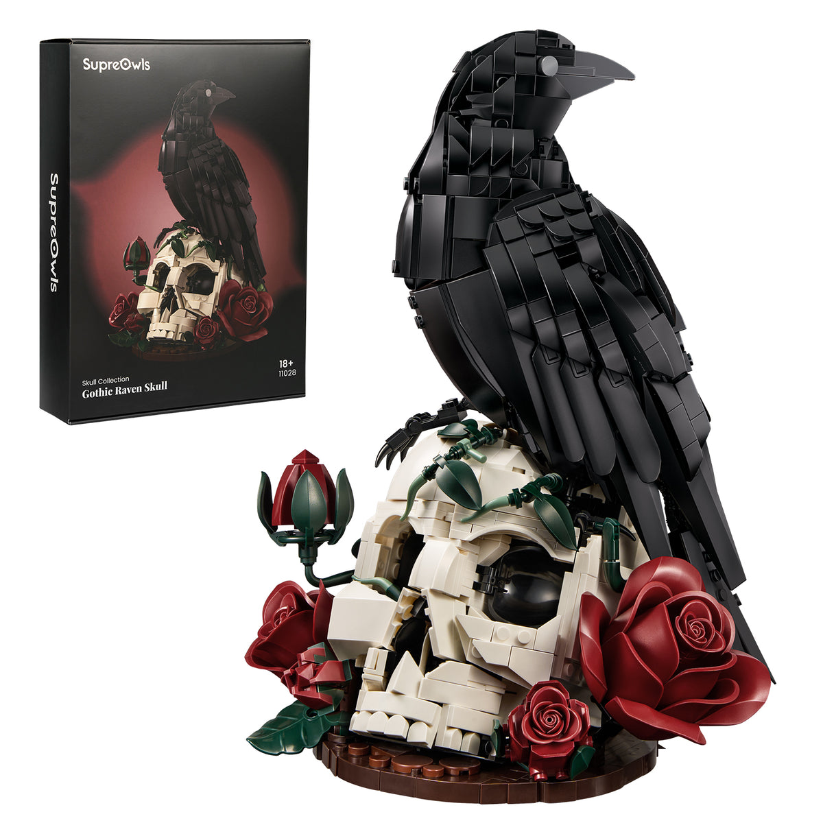 Gothic Raven & Skull Art building set with a black raven perched on a white skull surrounded by dark red roses, shown beside the product box