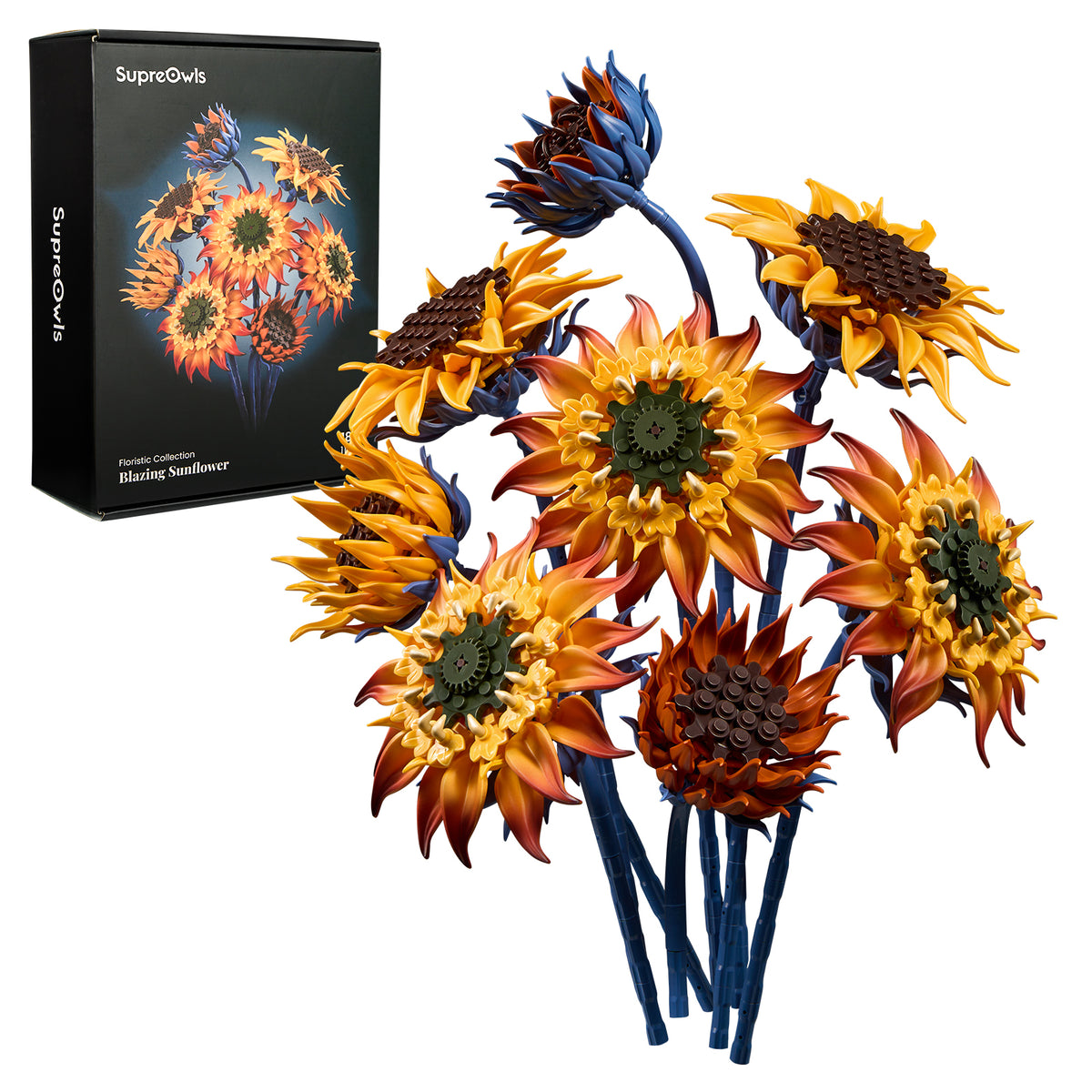 Blazing Sunflower building blocks set with golden, orange and blue flowers in different blooming stages, shown beside the product box