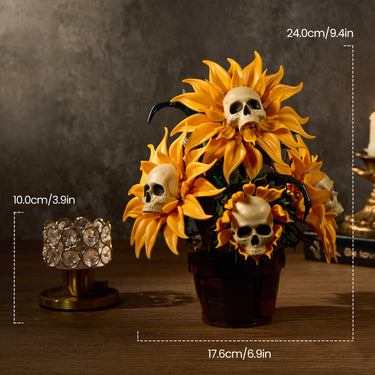 Skull Sunflower Potted arrangement with golden flowers and skull centers shown with 24 cm height and 17.6 cm width measurements