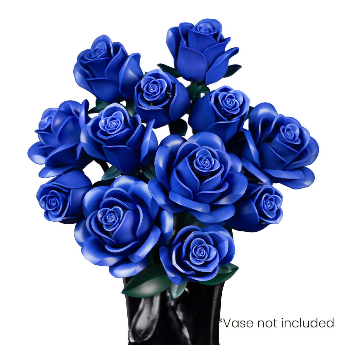 A close-up view of a blue rose bouquet building block set, featuring multiple layered blue roses with green leaves arranged together on a black vase, showcasing the detailed flower design.