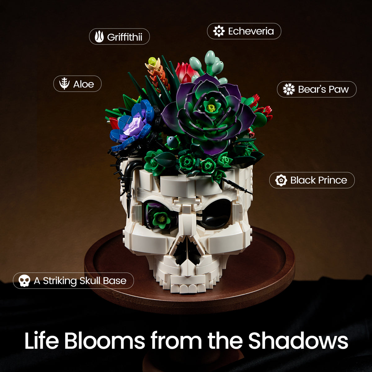 Gothic skull succulent bouquet building block set feature image showing detailed botanical elements including colorful succulents, flowers, and decorative components.