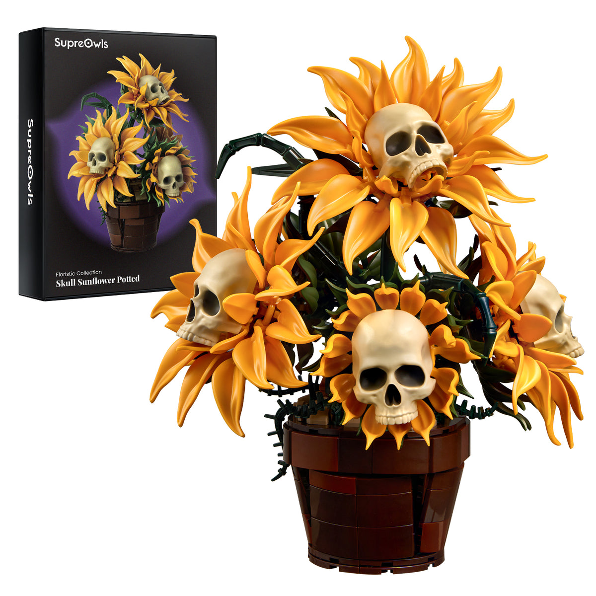 Skull Sunflower Potted building set with golden sunflower petals, skull centers, dark green stems and a brown pot, shown beside the product box