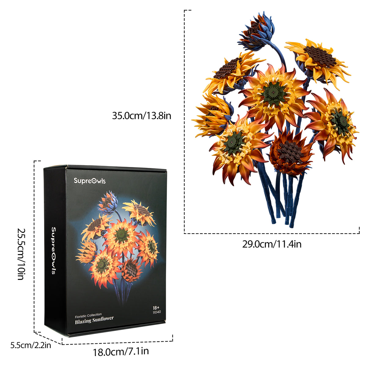 Blazing Sunflower building blocks bouquet with golden, orange and blue flowers shown with 35 cm height and 29 cm width measurements beside the product box