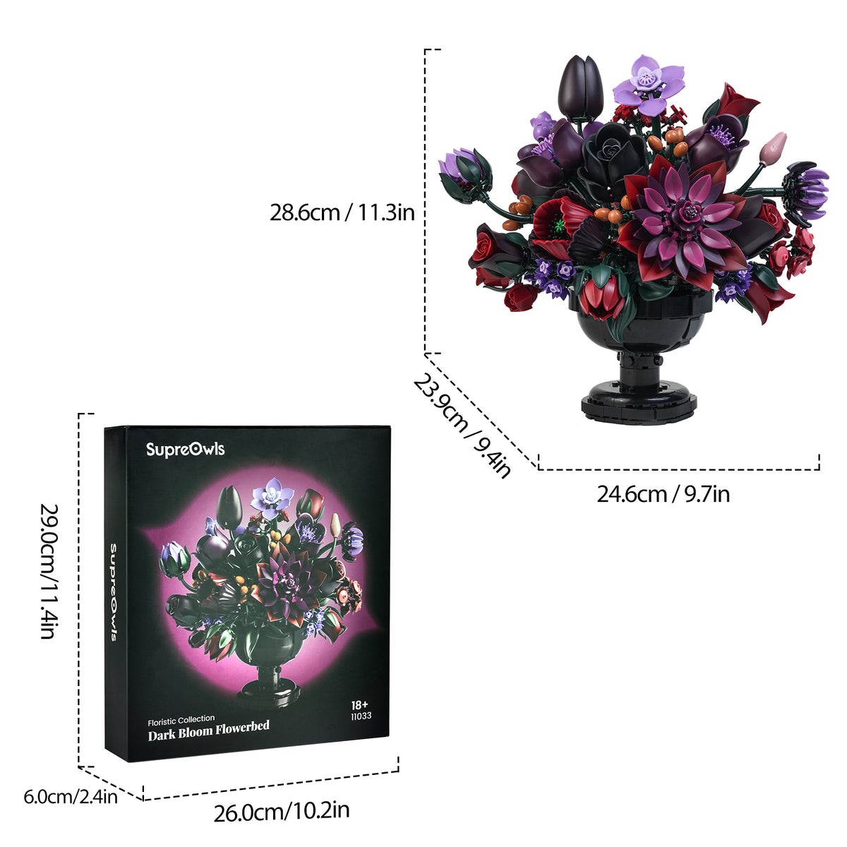 Dark Bloom gothic flower building block bouquet with decorative black base shown with product dimensions and packaging size.