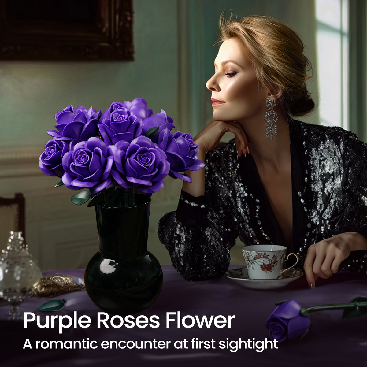 Purple rose bouquet building block set displayed in a black vase with an elegant woman in a romantic interior setting, showcasing a timeless floral decor piece.