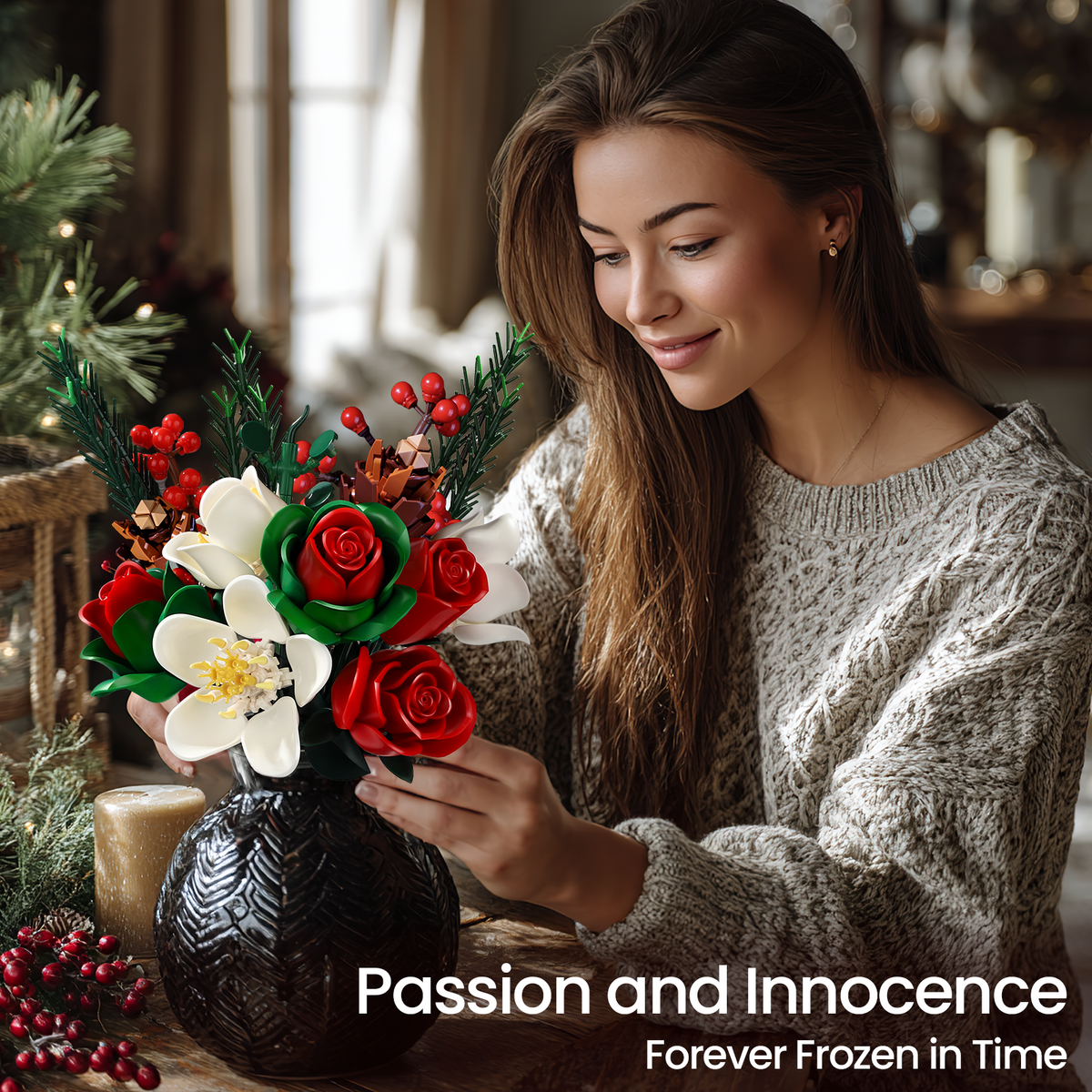 A woman displaying a Christmas rose brick bouquet building block set in a festive home setting, featuring red roses, white flowers, green leaves, red berries, and pine branches arranged in a black vase.