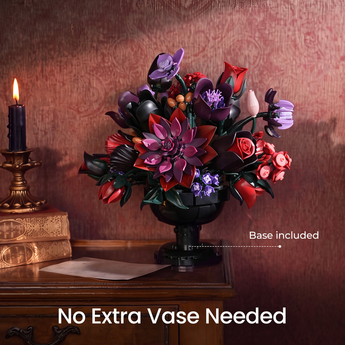 Dark gothic building block bouquet with black, red and purple flowers arranged on an integrated black display base with no extra vase needed.