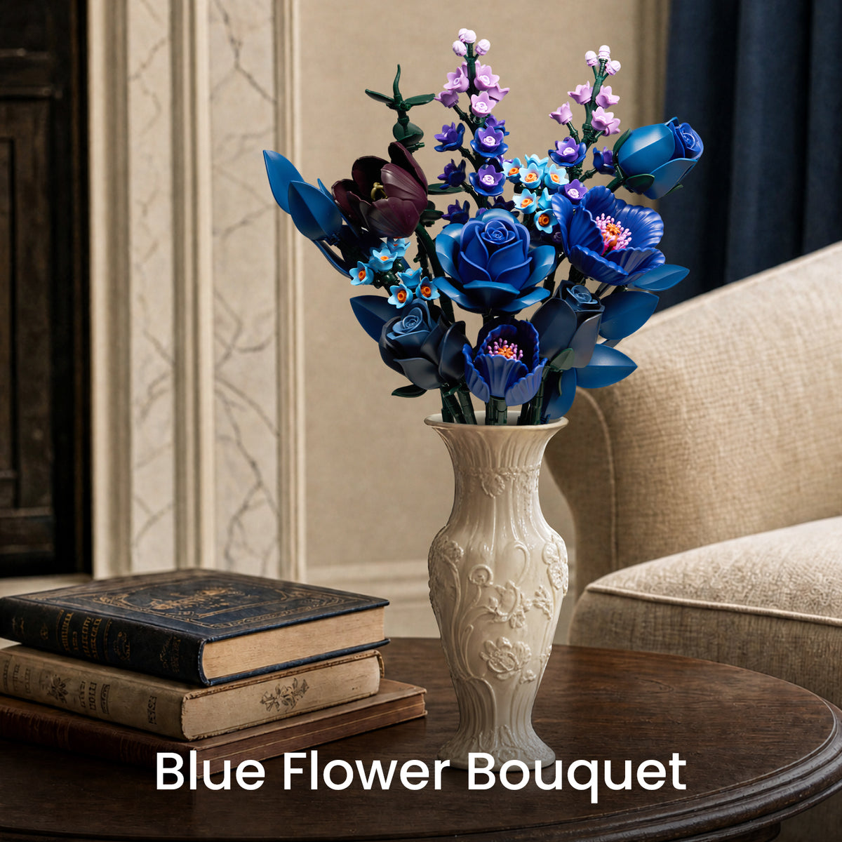 Blue Flower Bouquet building block set with blue roses and purple flowers displayed in an ornate cream vase on a wooden side table beside stacked books and a sofa