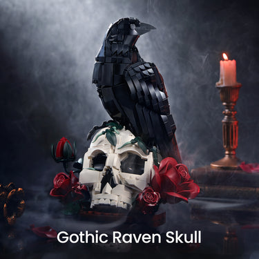 Black raven perched on a white skull with dark red roses, displayed beside a lit red candle in a smoky Gothic setting