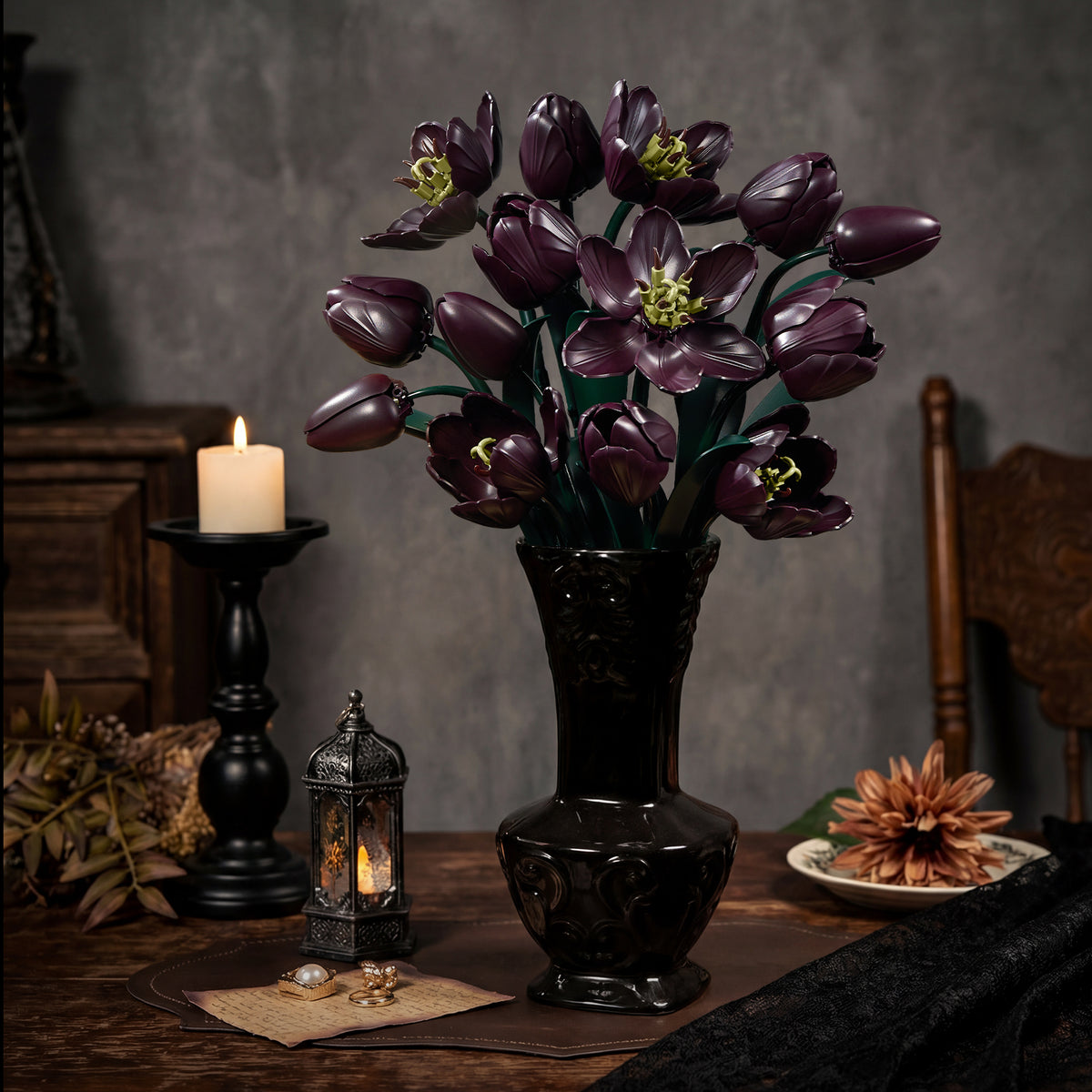 Dark purple tulip building block bouquet styled as gothic home decor, featuring an elegant vase arrangement with candles and vintage interior accents.