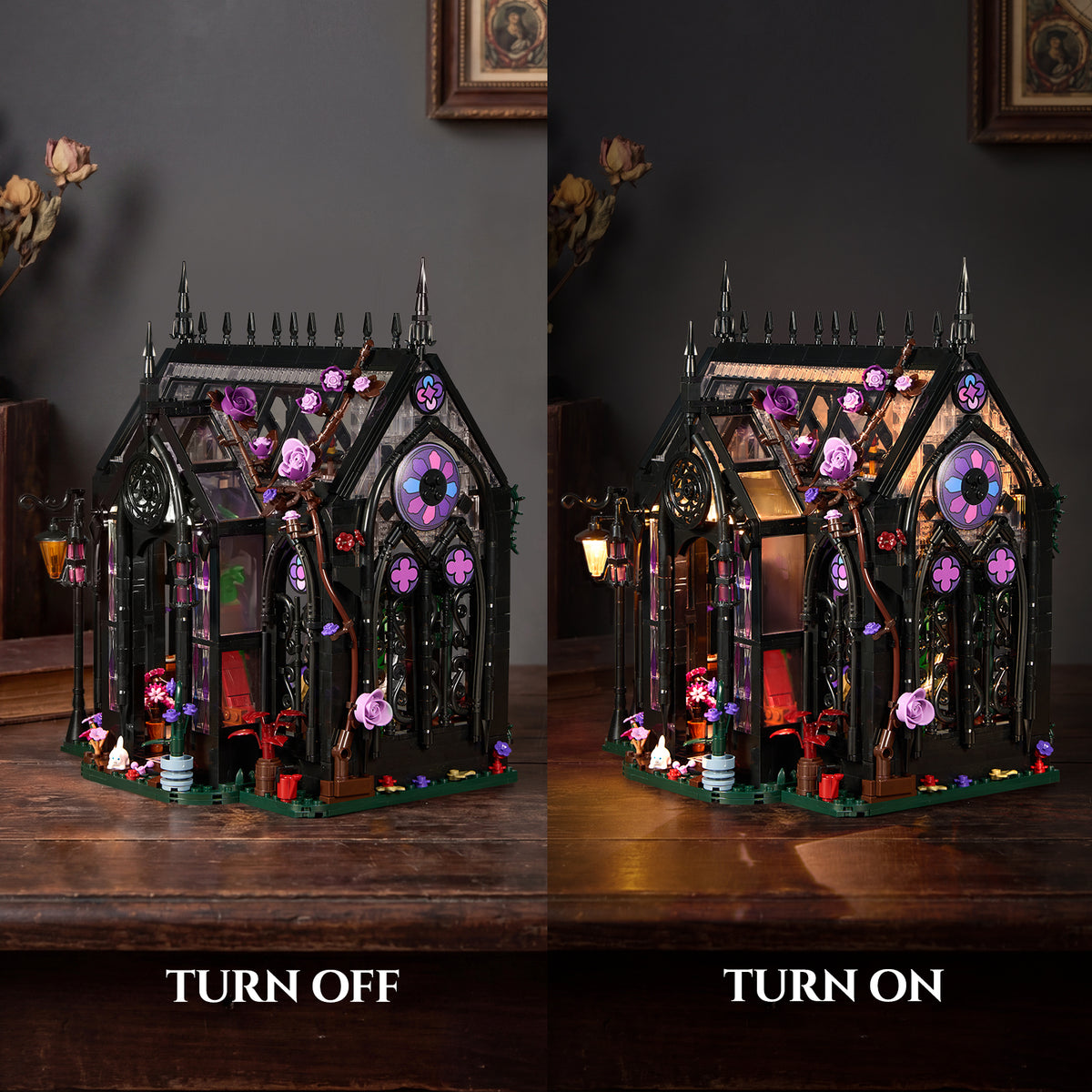 Gothic Greenhouse building set shown with the interior lights turned off and on, highlighting the stained-glass windows and botanical details