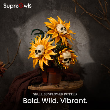 Skull Sunflower Potted arrangement with golden flowers and skull centers displayed against a dark botanical background