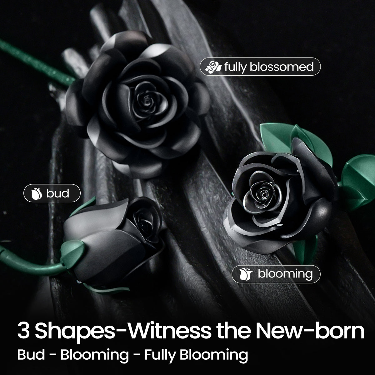 Three black roses building block set showcasing three blooming stages, including a rosebud, blooming rose, and fully blossomed rose with layered petals and green leaves displayed on a dark background.