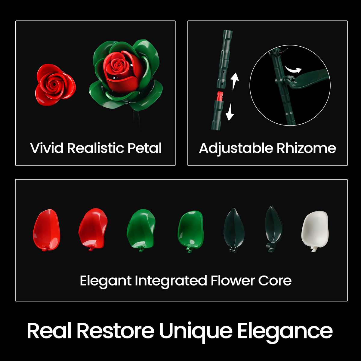 Christmas rose brick bouquet building block set detail showcase featuring realistic red and green rose petals, adjustable stems, and integrated flower core components with close-up views of the floral construction design.