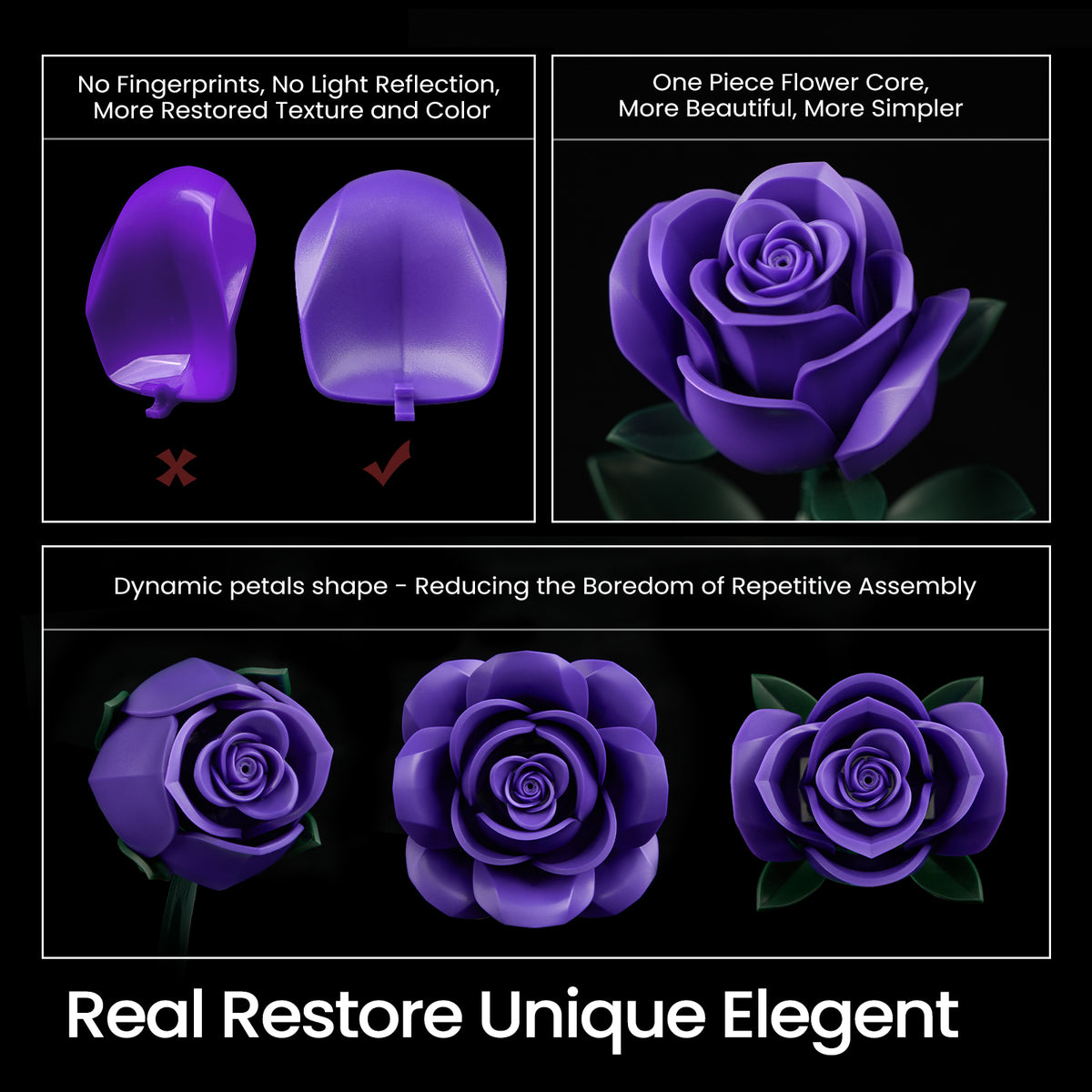 Purple rose bouquet building block set showing realistic petal details, unique flower core design, and multiple rose bloom shapes for a lifelike floral appearance.