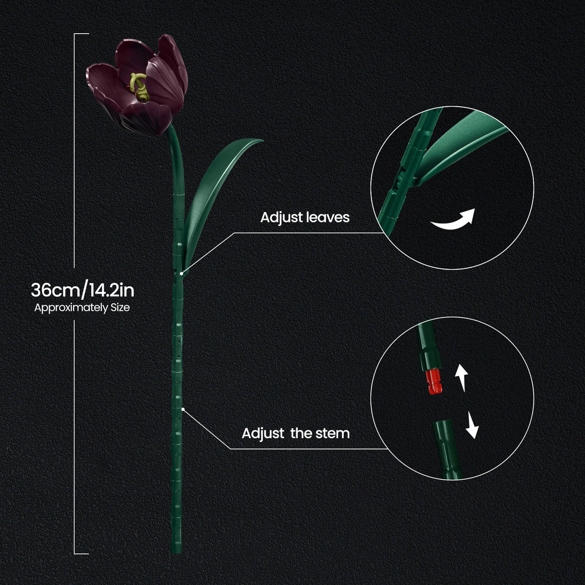Gothic tulip flower building block with adjustable stem length and flexible leaves, designed for customizable floral arrangements and unique home decor displays.