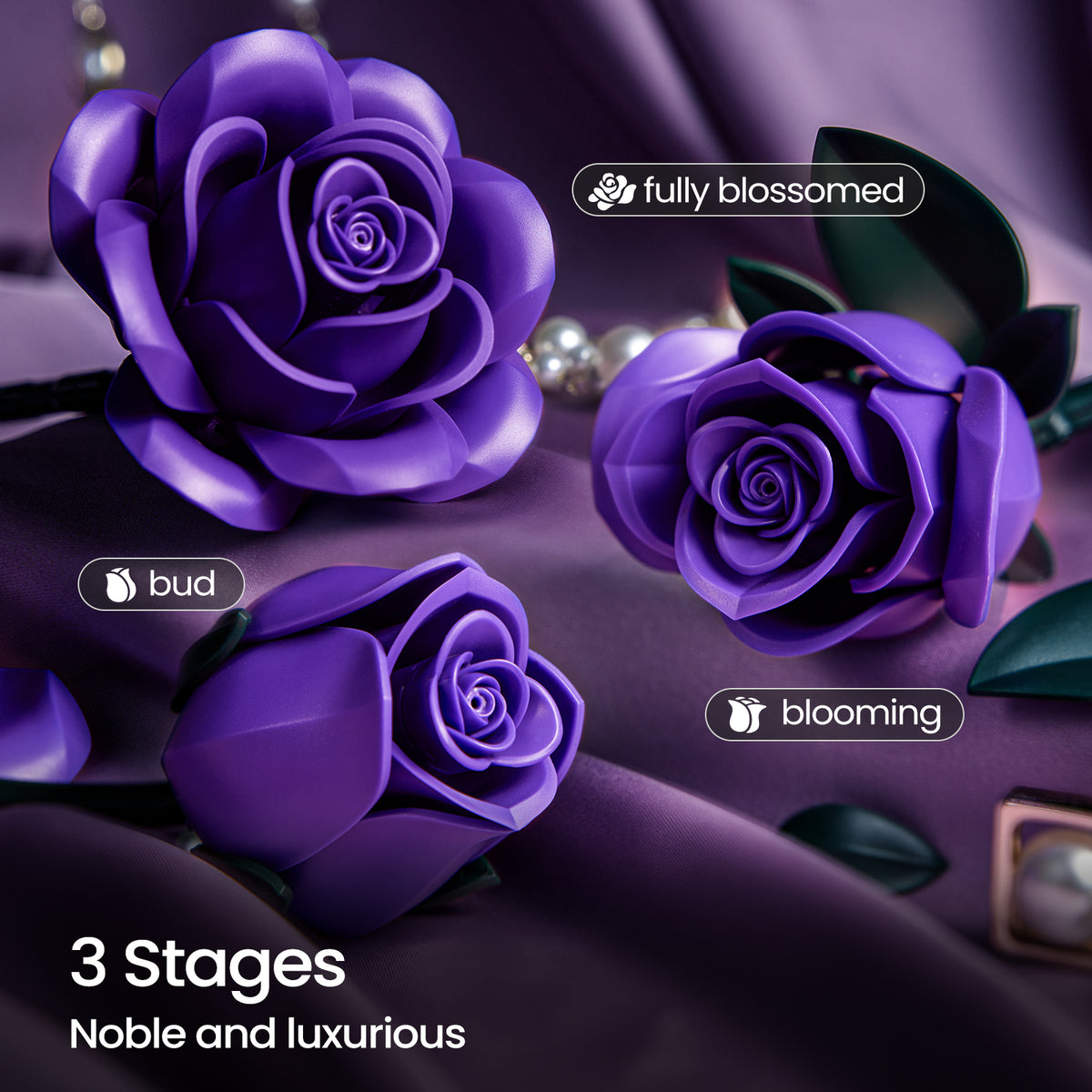 Purple rose bouquet building block set featuring three blooming stages of roses, from bud to fully blossomed flowers with layered petals and realistic floral details.