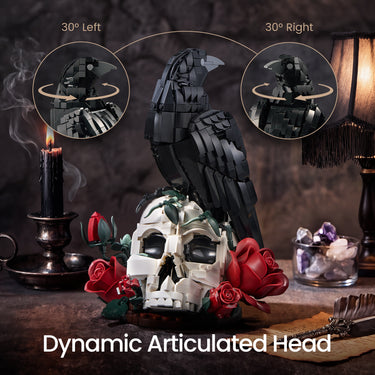 Gothic Raven & Skull Art building set with a black raven perched on a skull, shown with the raven head turned left and right