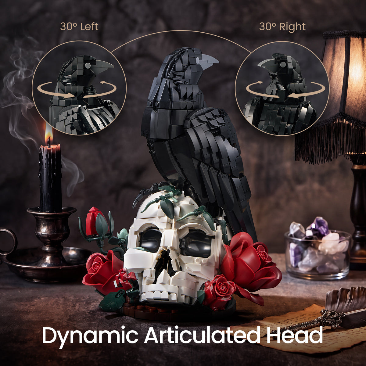Gothic Raven & Skull Art building set with a black raven perched on a skull, shown with the raven head turned left and right