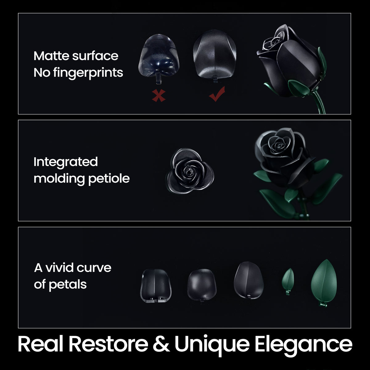 Three black roses building block set detail showcase featuring matte petals, an integrated stamen design, and curved petal structures with close-up views of individual flower components.