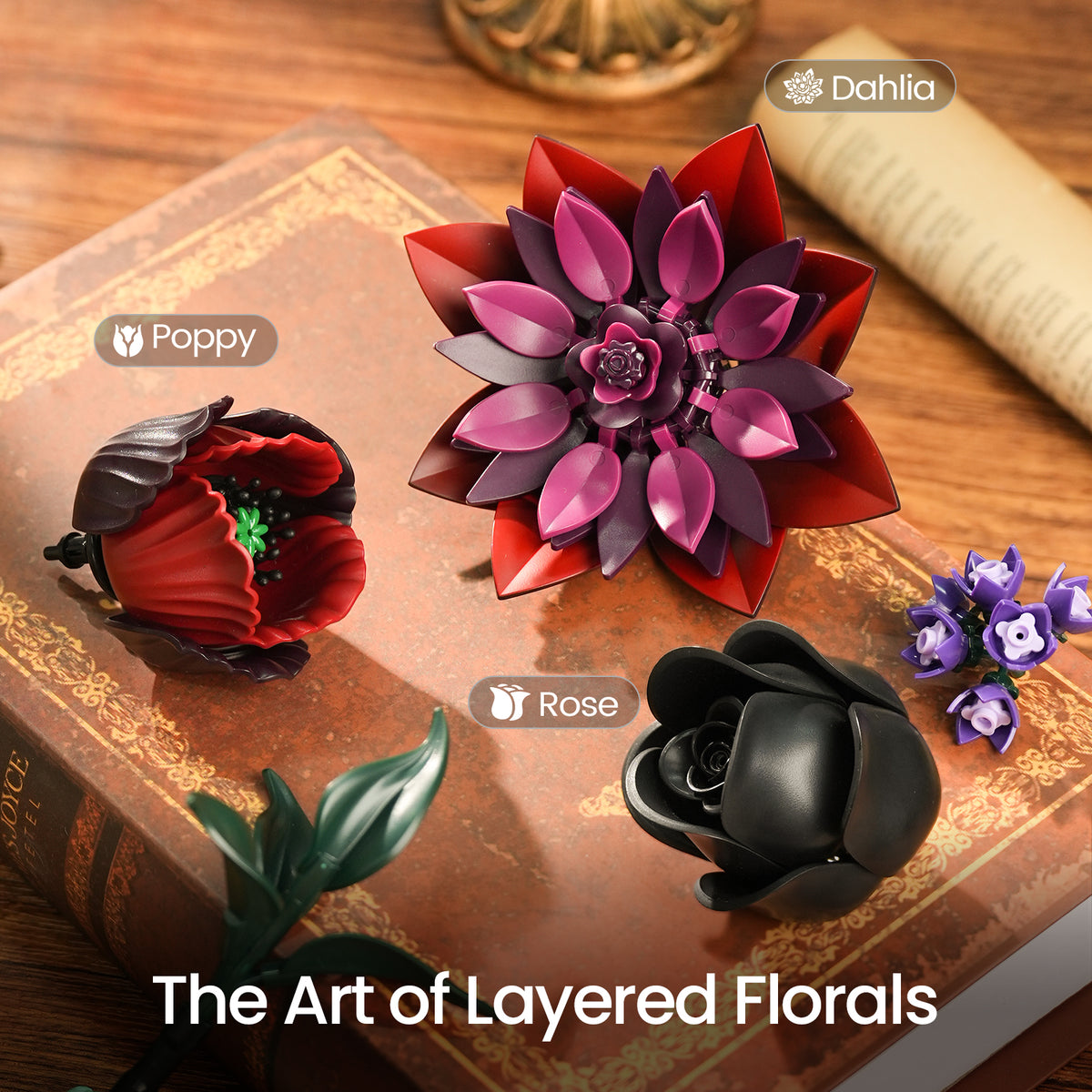 Detailed gothic flower building blocks showing layered red, pink and purple petals with sculptural floral designs.
