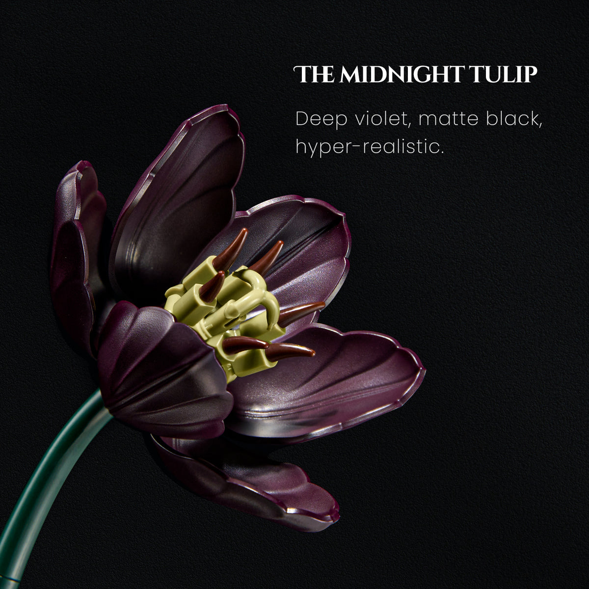 Dark botanical tulip building block flower featuring a hyper-realistic deep violet design with detailed petals, created for gothic decor and unique floral displays.