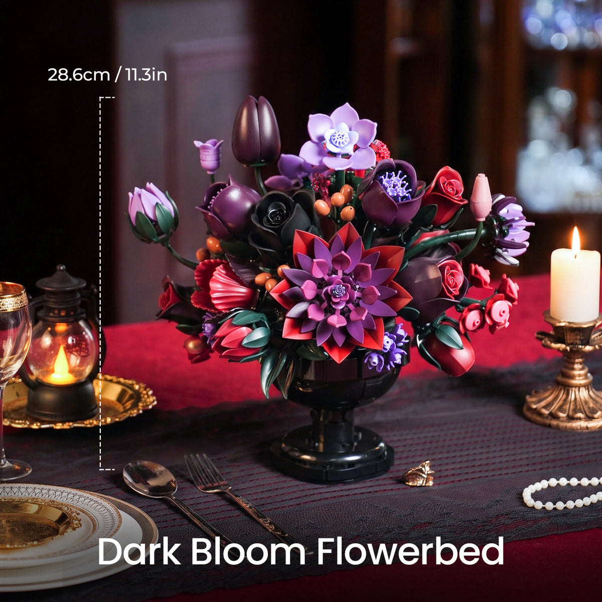 Dark Bloom gothic flower building block bouquet displayed with candles as a dramatic black, red and purple gothic home decor piece.