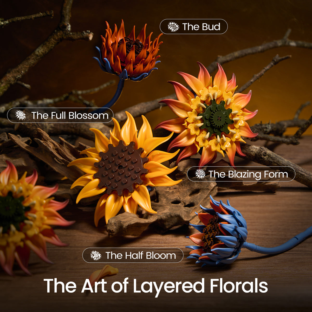 Blazing Sunflower building blocks set showing a bud, half bloom, full blossom and blazing flower form in golden, orange and blue tones