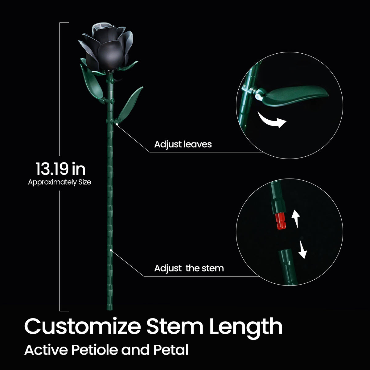 A black rose building block set feature image showing an adjustable stem and movable leaves, with close-up views of the customizable parts and an approximately 13.19-inch rose height.