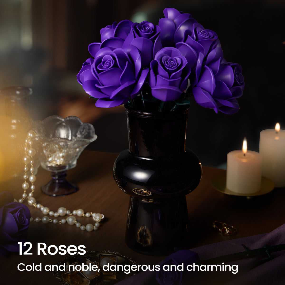 Purple roses bouquet building block set featuring 12 assembled roses arranged in a black vase as an elegant and romantic home decor centerpiece.