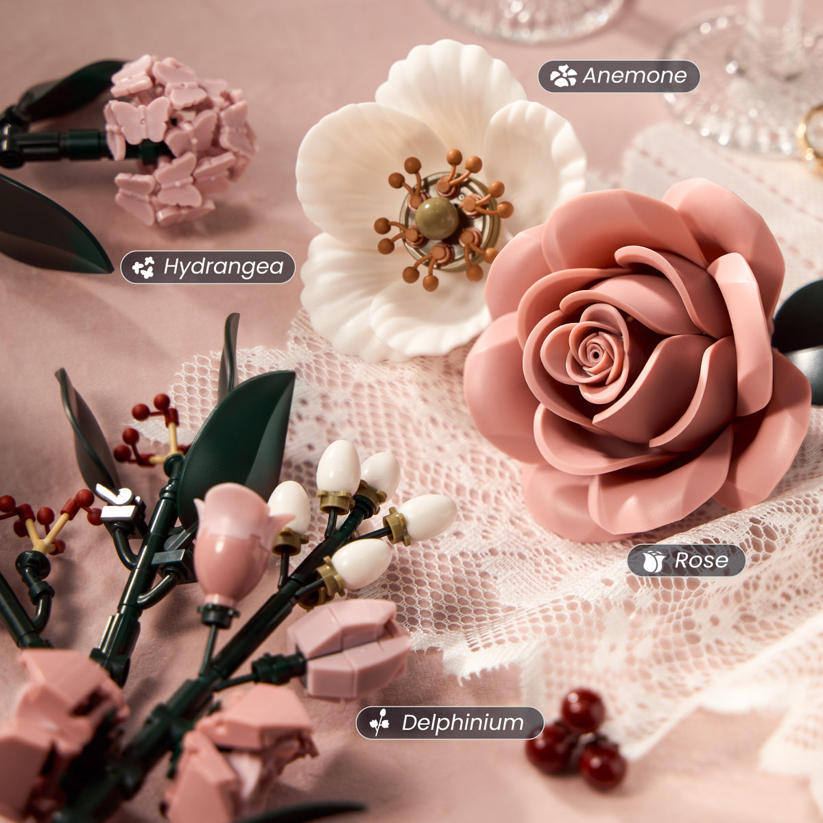 Pink rose building block set detail image showing different flower components, including pink roses, white blossoms, and decorative botanical elements.