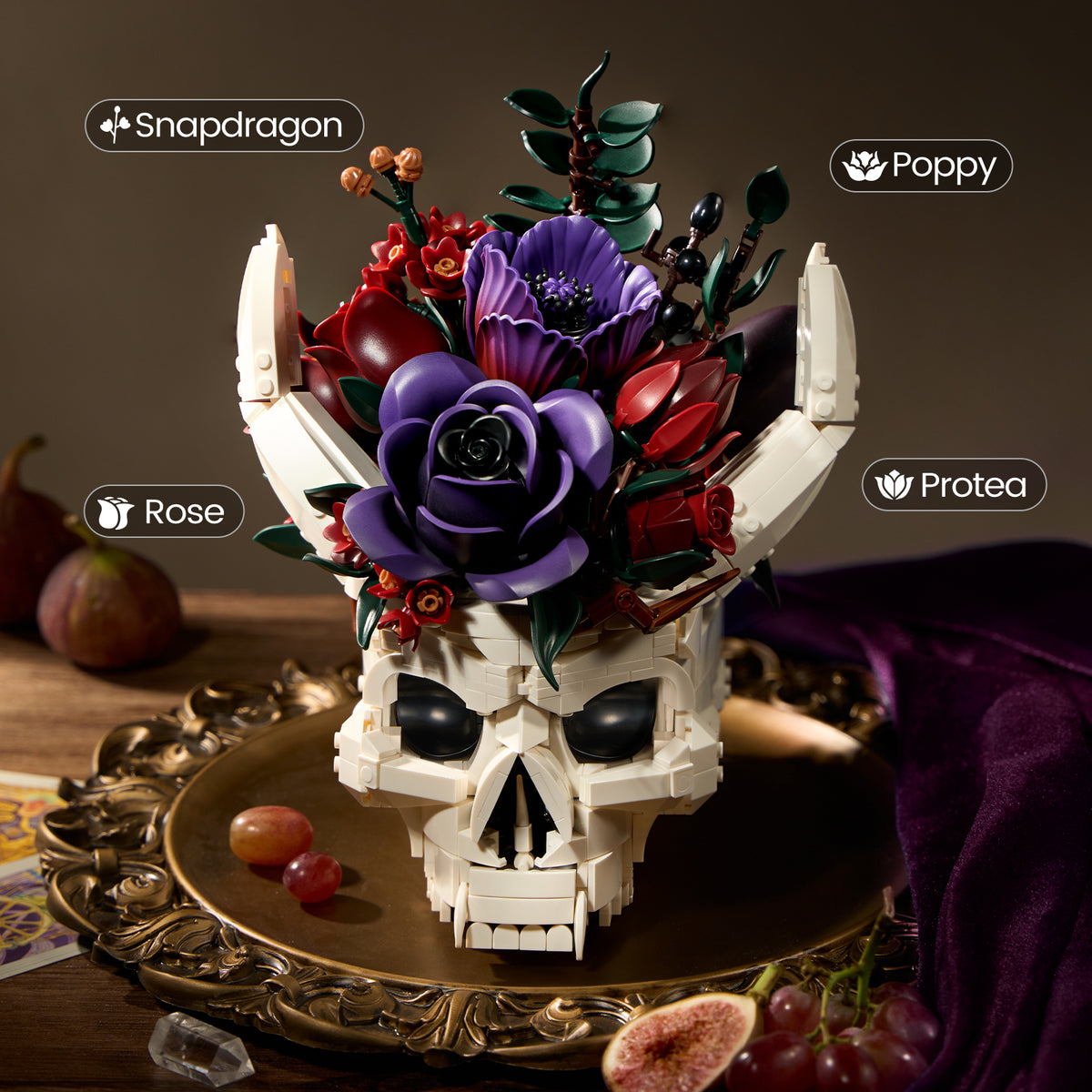 Gothic Skull Floral Bouquet building set featuring gothic flower arrangements with purple and red flowers, green leaves and white horn details