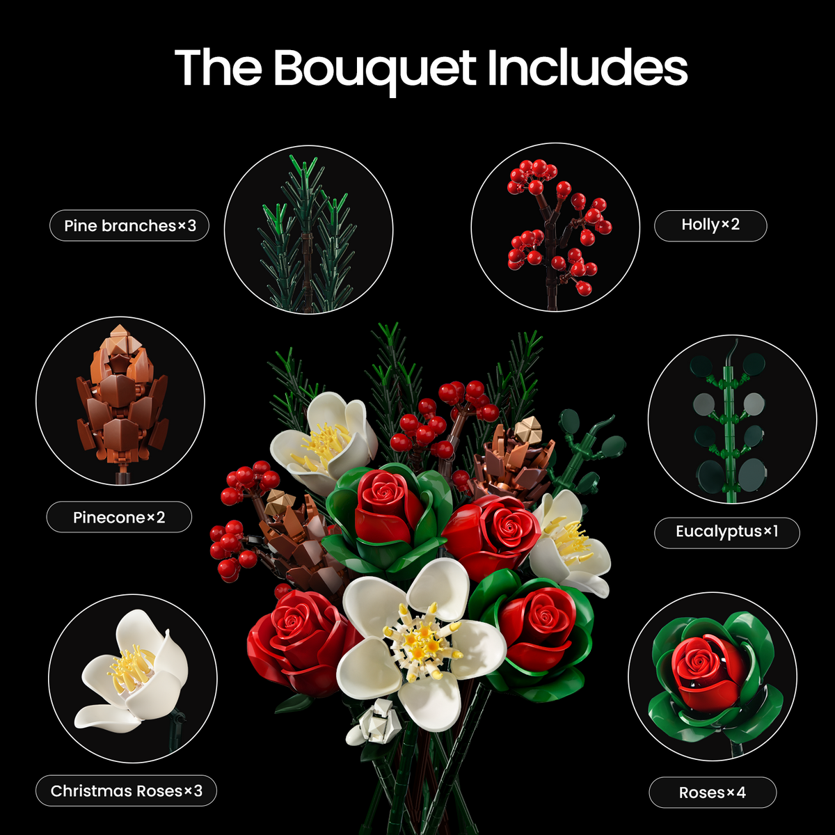 Christmas rose brick bouquet building block set component showcase featuring red roses, Christmas roses, pine branches, holly berries, eucalyptus leaves, and pinecones arranged as a festive floral bouquet.