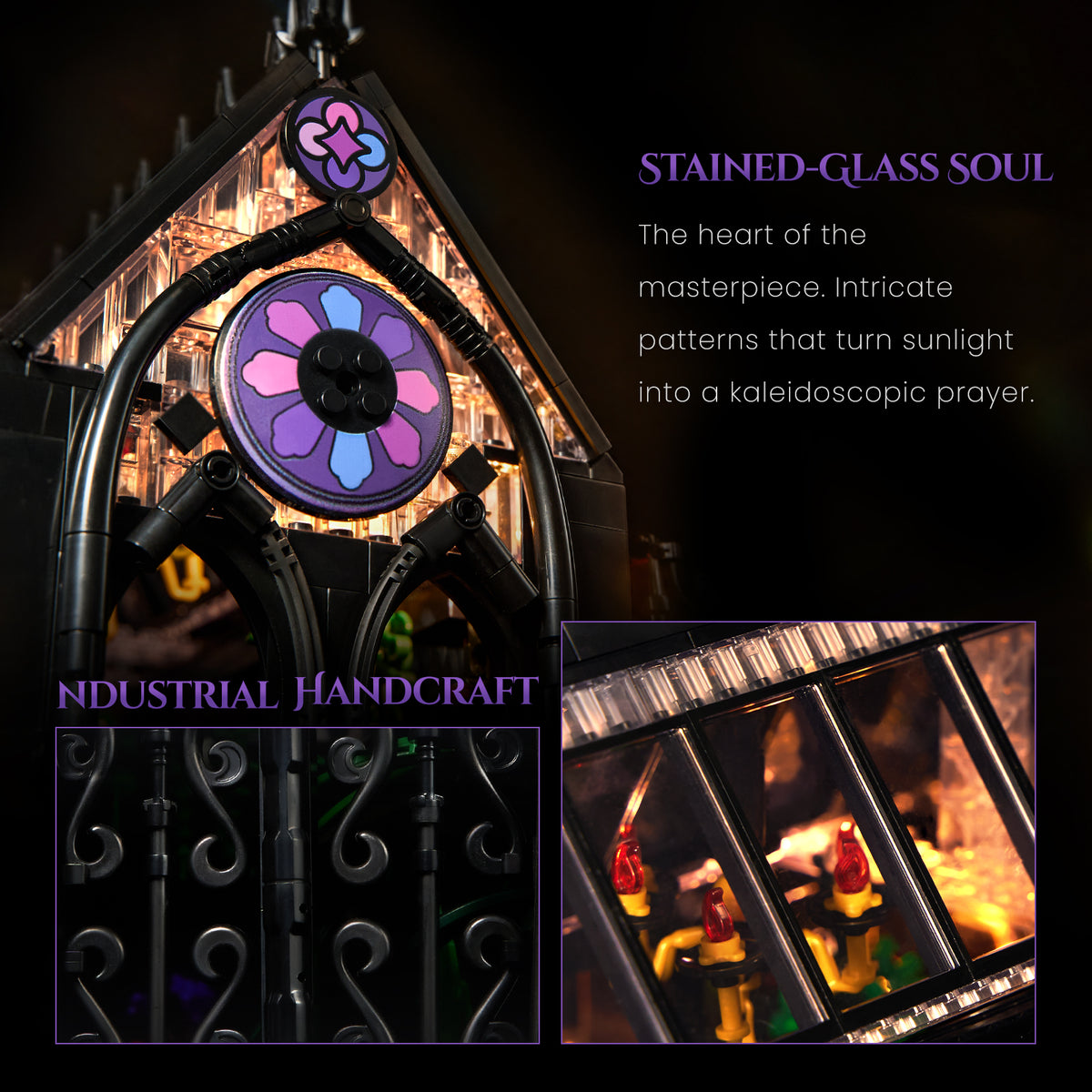 Close-up views of the Gothic Greenhouse showing purple stained-glass windows, black ornamental frames and the illuminated miniature interior