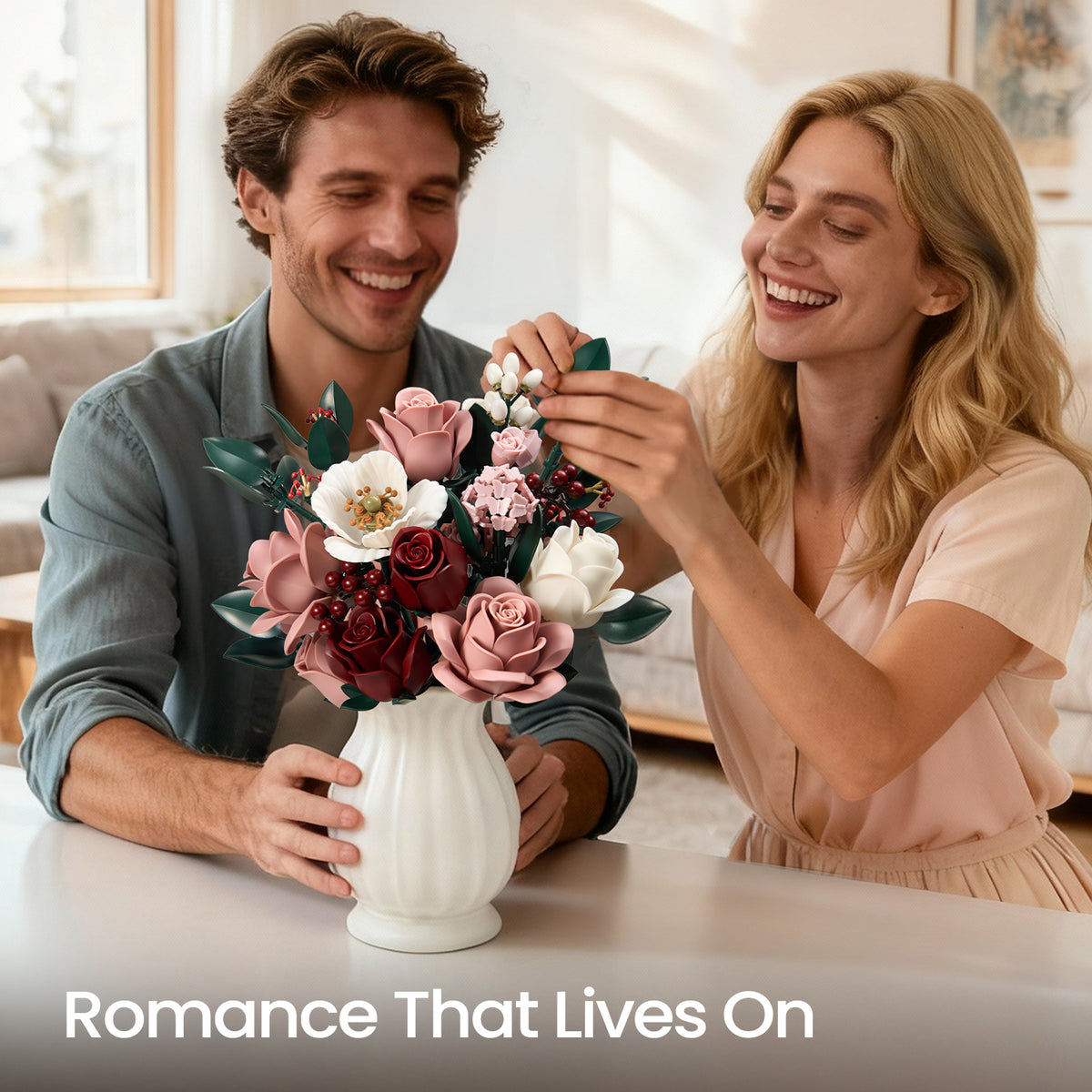 Couple assembling a pink rose bouquet building block set together, highlighting a romantic DIY experience and meaningful floral creation.