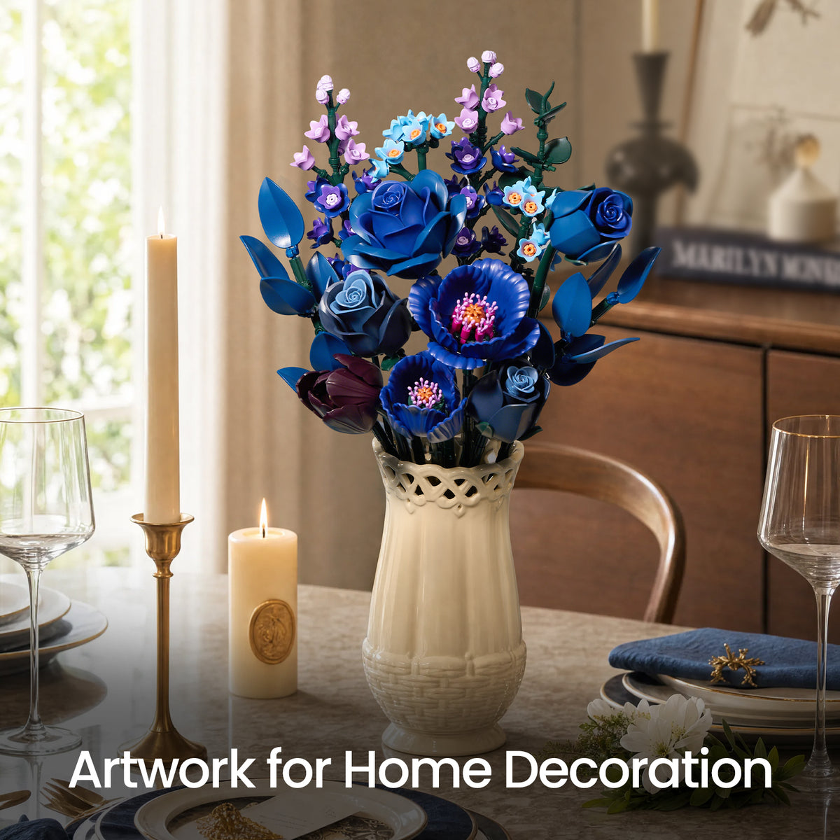 Blue Flower Bouquet building block set with blue roses and purple flowers displayed in a cream vase as a centerpiece on a dining table with candles and glassware