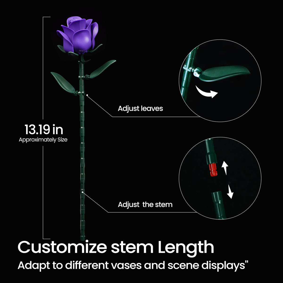 Purple rose bouquet building block set featuring an adjustable stem and movable leaves, allowing customizable flower height for different vase displays.