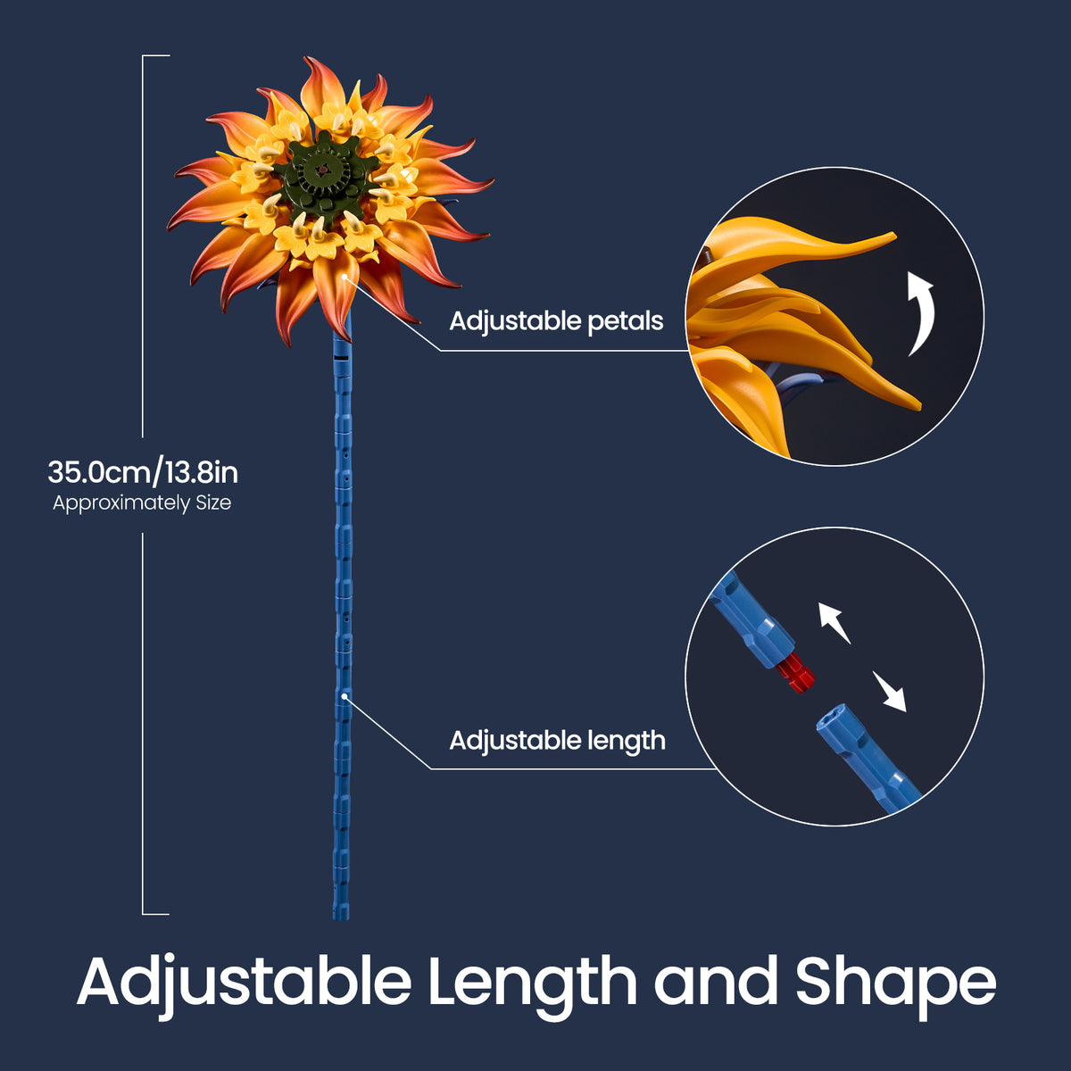 Blazing Sunflower building blocks set with golden and orange petals shown beside close-up views of the flower and blue stem