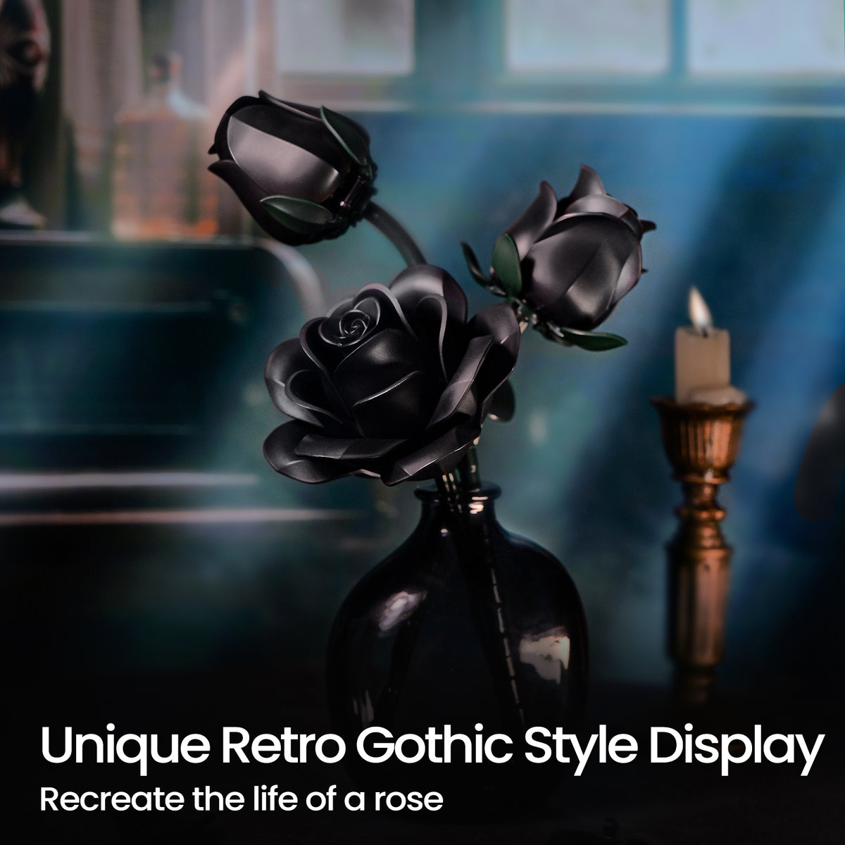 A three black roses building block set arranged in a black vase, displayed in a retro gothic interior setting with candlelight and dark decor, creating a dramatic floral display.