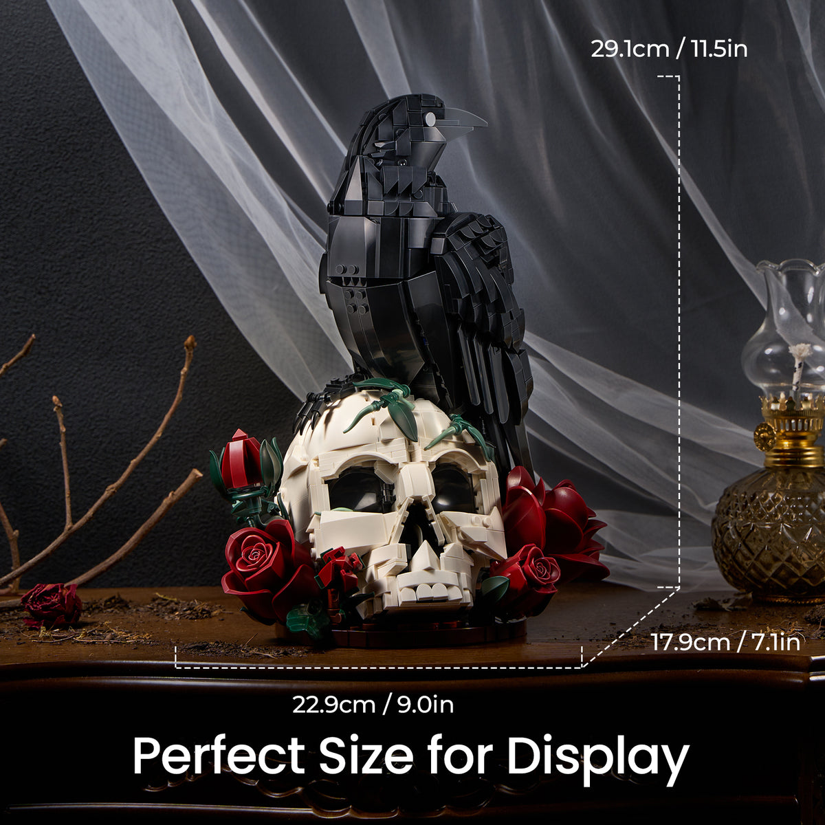 Gothic Raven & Skull Art building set with black raven, white skull and red roses shown with 29.1 cm height, 22.9 cm width and 17.9 cm depth measurements