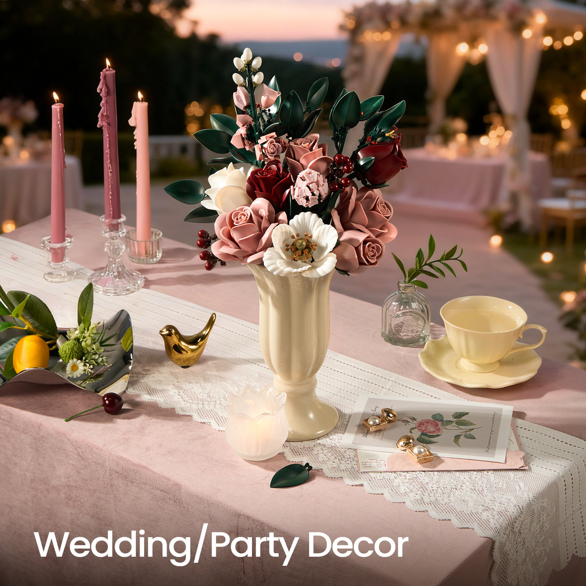 Pink rose bouquet building block set displayed as an elegant floral centerpiece for wedding or party table decor, creating a romantic atmosphere.