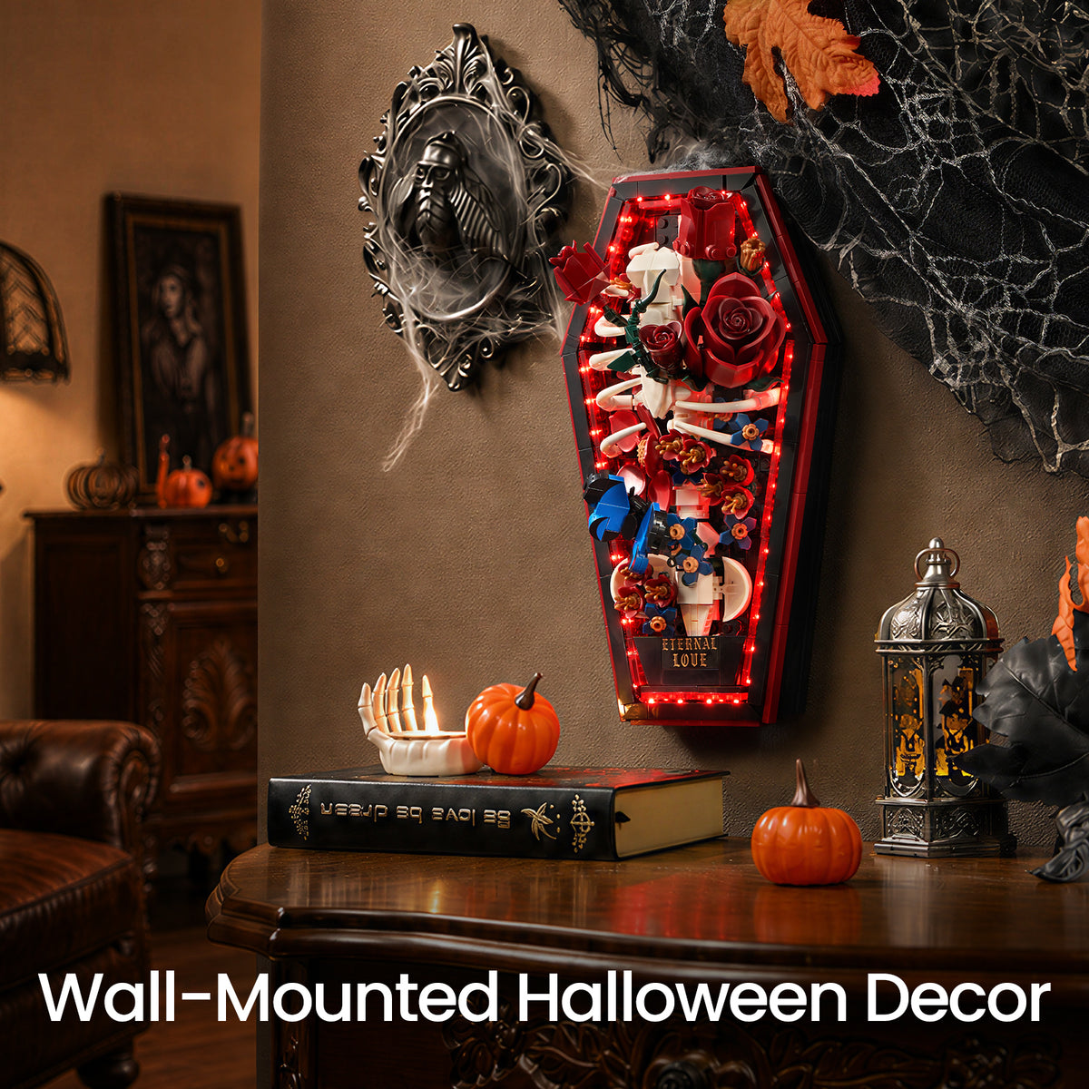 SupreOwls Coffin of Roses building block set mounted on a wall as Halloween gothic decor, featuring red roses, skeleton ribs and glowing red lights.