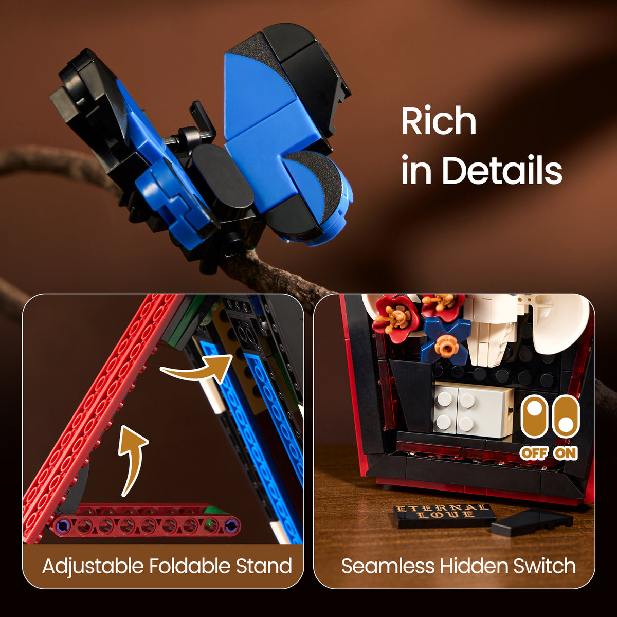 Close-up details of the SupreOwls Coffin of Roses building block set, featuring a blue butterfly, adjustable foldable stand and hidden on-off switch.