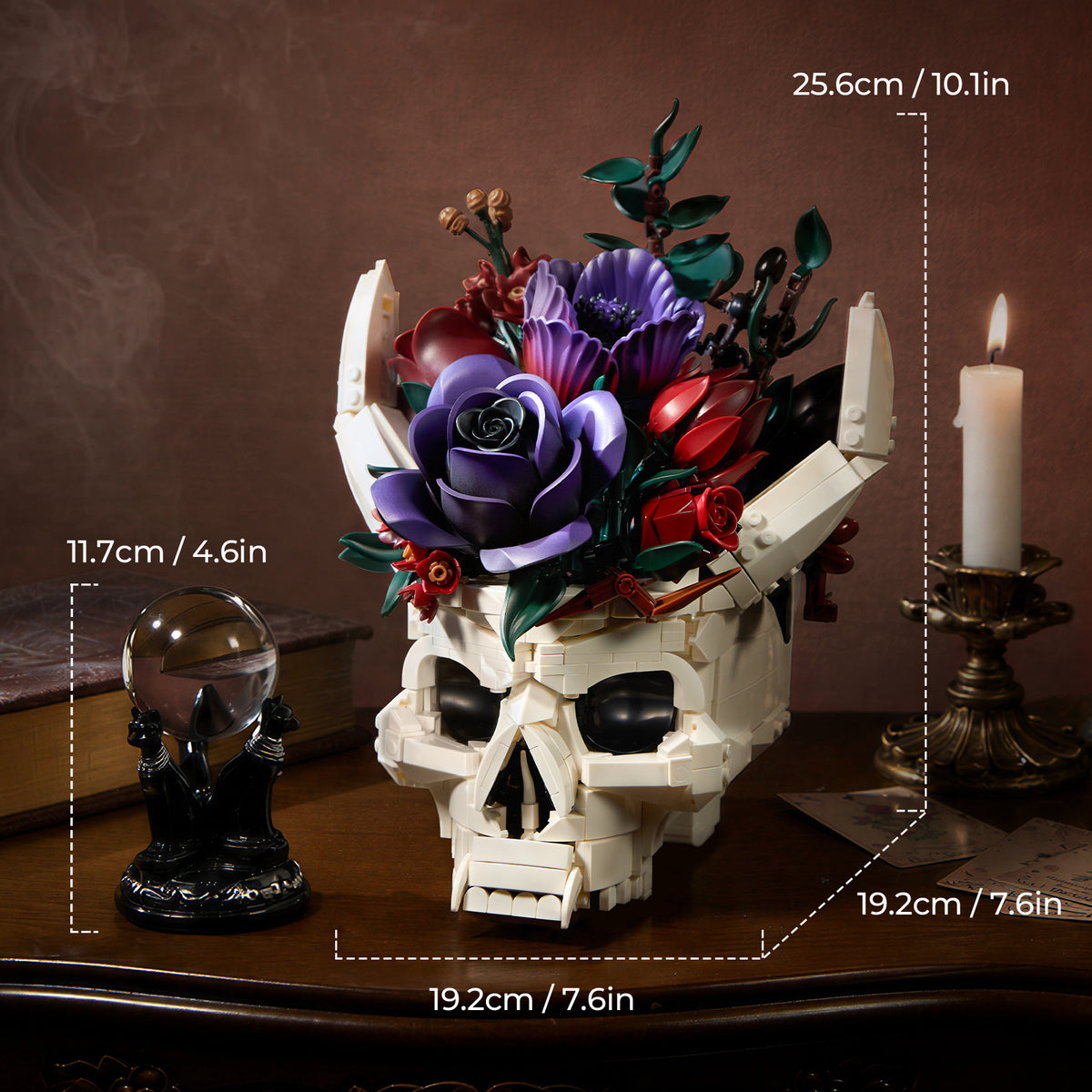 Gothic Skull Floral Bouquet building set with purple and red flowers shown with 25.6 cm height and 19.2 cm width and depth measurements